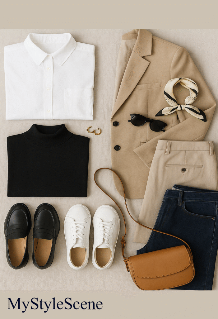 Flat lay of capsule wardrobe essentials including white shirt, blazer, denim, sneakers, and accessories – minimalist and stylish.