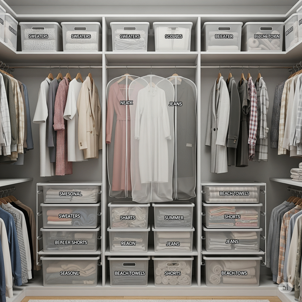 Organized closet showing seasonal storage bins and categories.