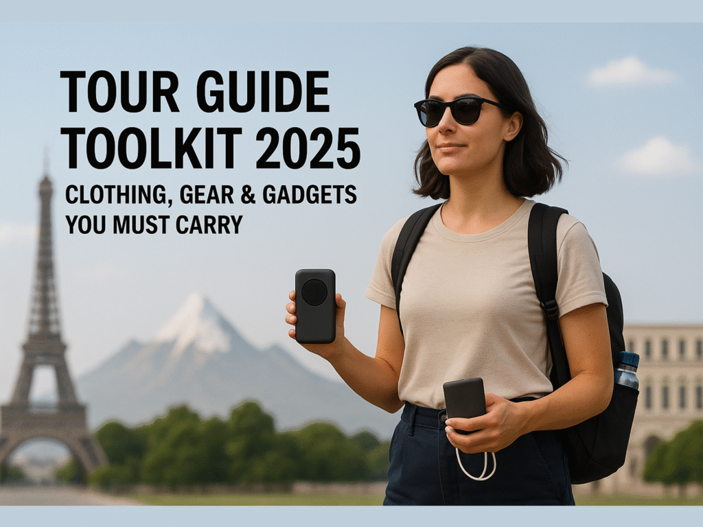 A female tour guide holding a power bank and voice amplifier with Eiffel Tower in the background, representing Tour Guide Toolkit 2025 essentials.