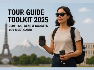 A female tour guide holding a power bank and voice amplifier with Eiffel Tower in the background, representing Tour Guide Toolkit 2025 essentials.
