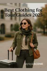 Best Clothing for Tour Guides 2025 – A stylish female tour guide in layered, breathable travel wear with scarf and suitcase.