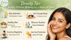 Smiling woman with glowing skin surrounded by icons representing Naturally Beauty Tips Beauty, including hydration, sleep, healthy diet, skincare, exercise, sun protection, deep breathing, and confidence.
