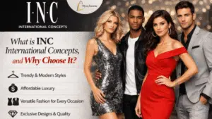 Stylish models wearing modern outfits by INC International Concepts, showcasing trendy and affordable fashion