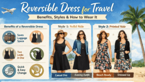 Reversible dress travel showing solid and printed styles for versatile wear