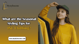 Young woman in a mustard yellow sweater and green cap with colorful jackets in the background – Seasonal styling tips for INC Clothing blog cover.