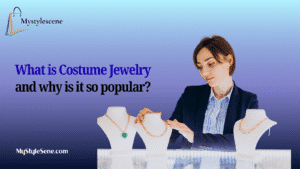 A woman looking at a display of costume jewelry.