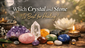 Assorted healing crystals and stones on a wooden surface for wellness and spiritual balance.