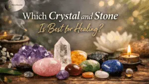 Assorted healing crystals and stones on a wooden surface for wellness and spiritual balance.