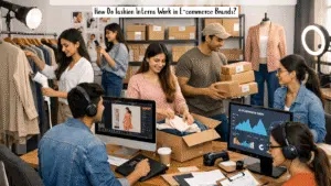 Fashion interns working on product styling, packing, and e-commerce tasks in a modern office.