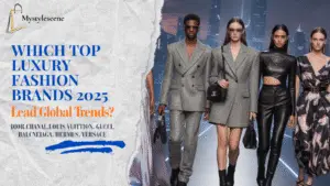 Models on a runway showcasing top luxury fashion brands in 2025. Brands featured include Dior, Chanel, and Louis Vuitton.