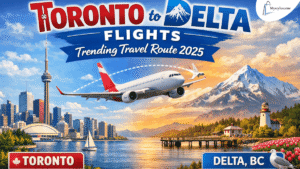 Modern travel banner showing Toronto Delta cities.