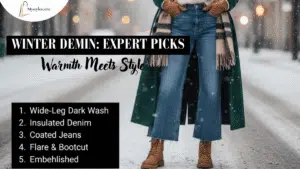 What jeans are in style for winter – wide-leg dark wash denim styled with boots and a coat